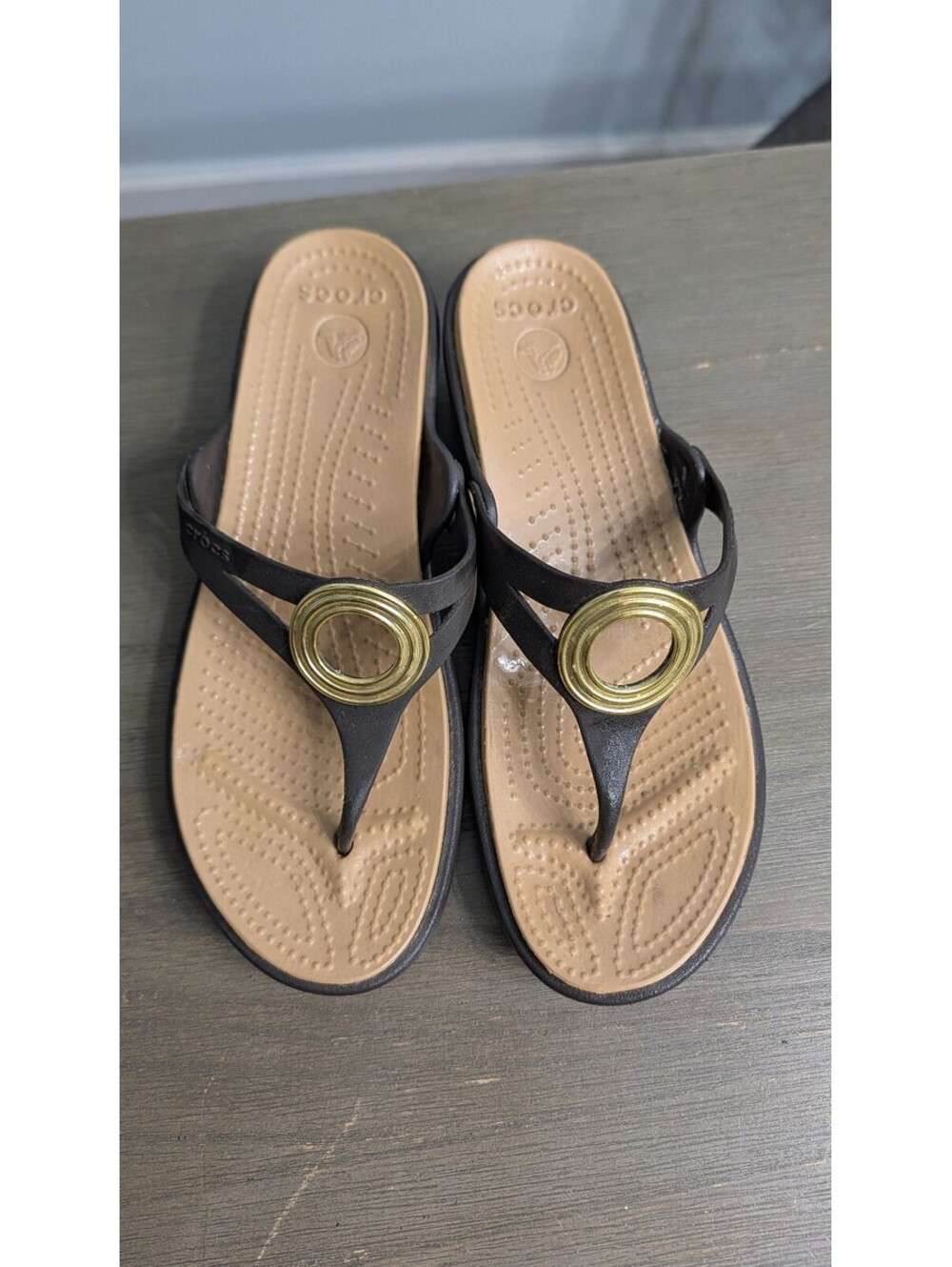 Crocs Women's Black and Tan Wedge Flip Flop Sandals